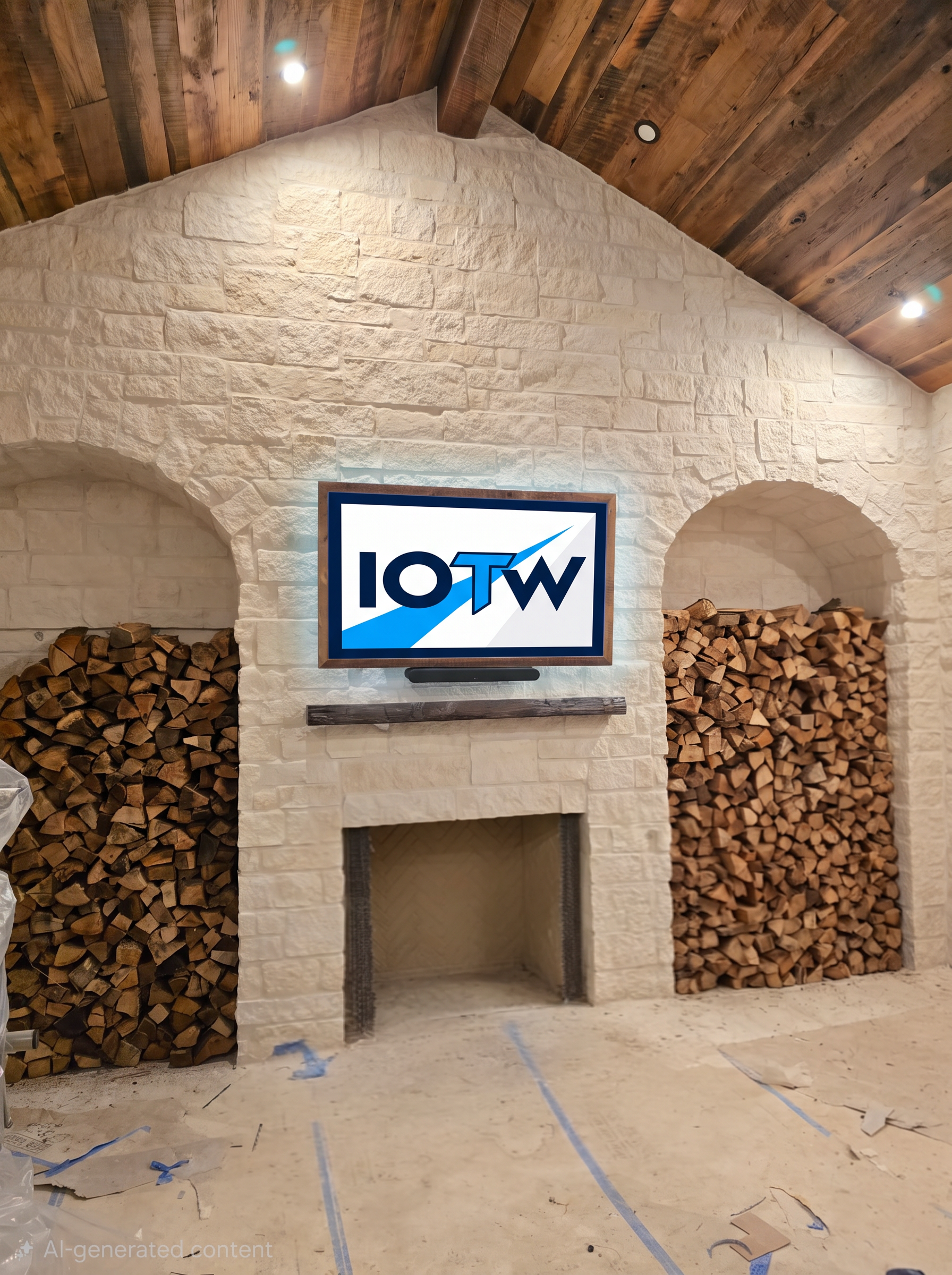TV mounted on a stone fireplace with a reclaimed wood frame and hidden wiring